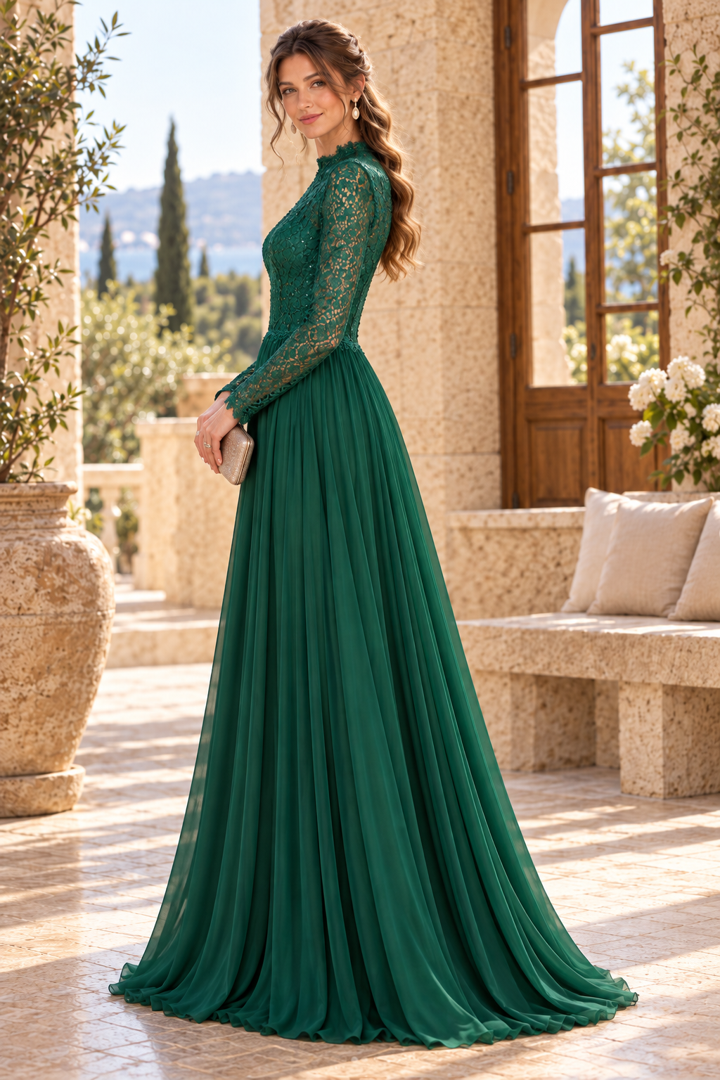 Lace Mock Neck Long Sleeve Pleated A-Line Gown