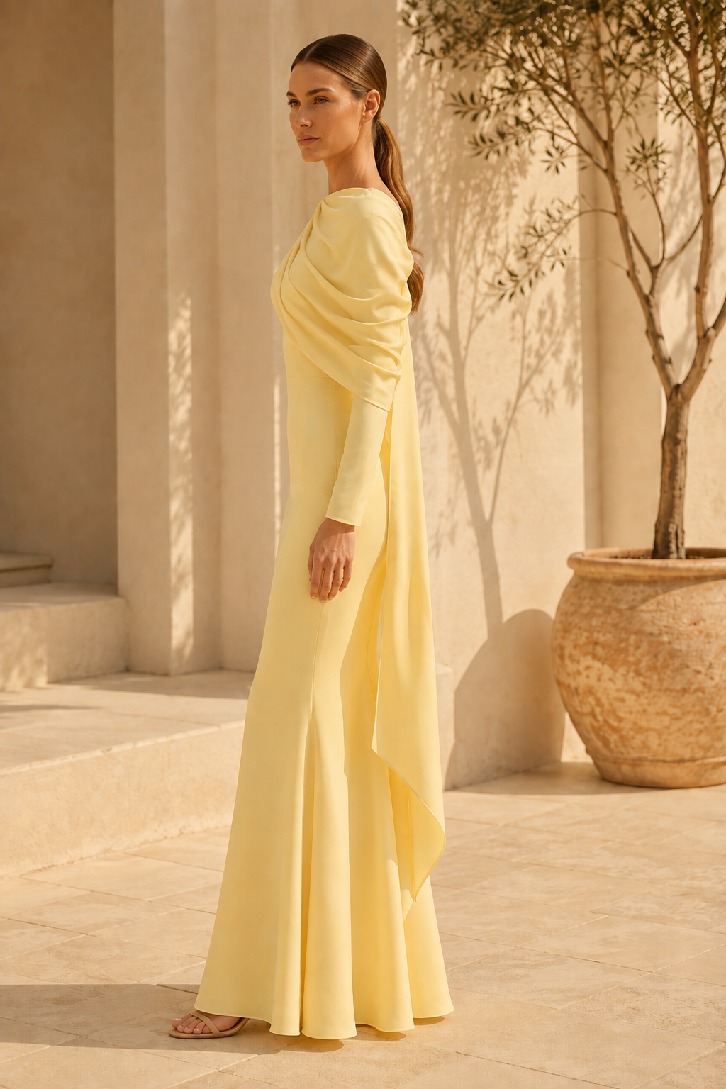 Draped Cape Sleeve Mermaid Evening Gown