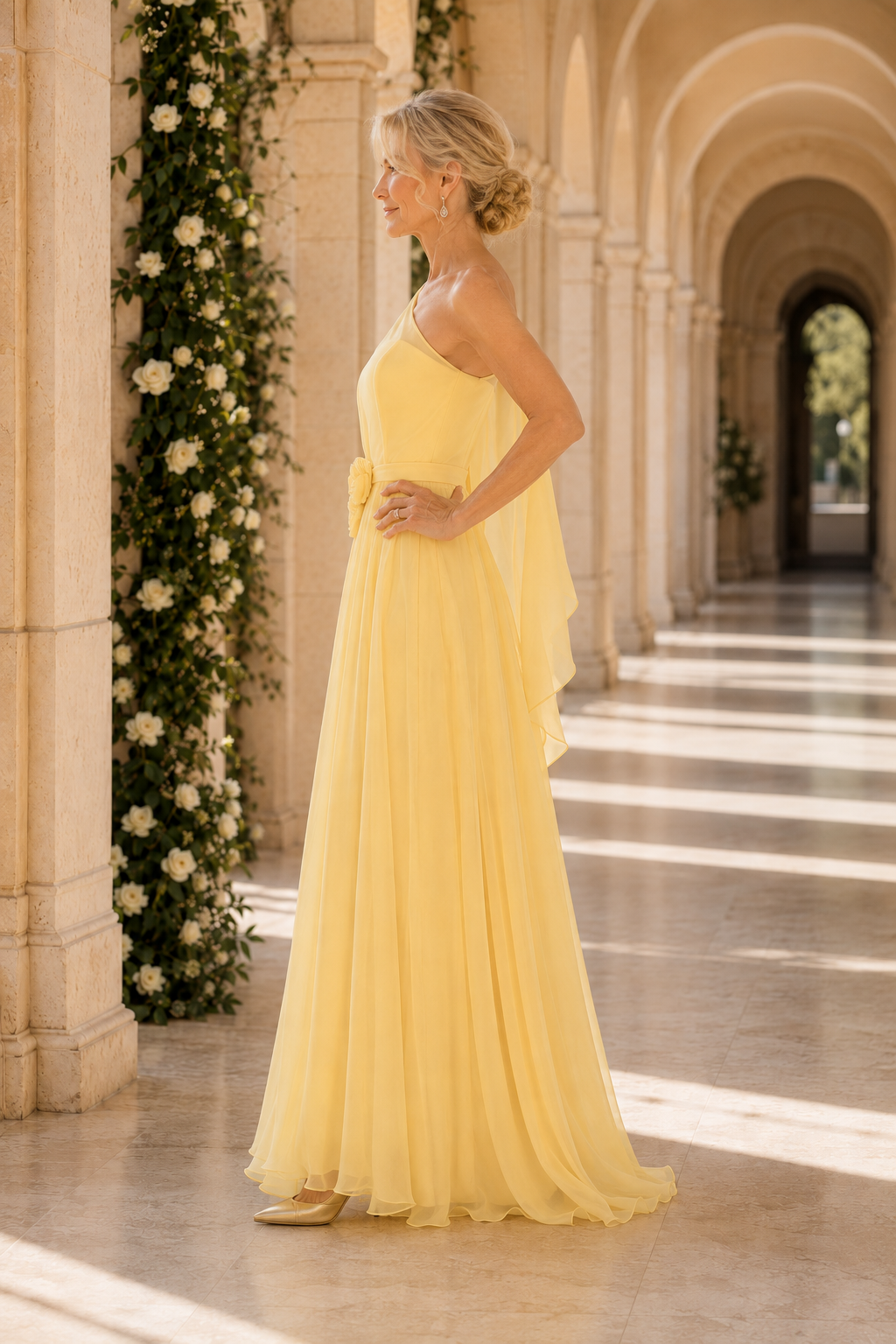 One-Shoulder Cape A-Line Chiffon Gown with Floral Detail