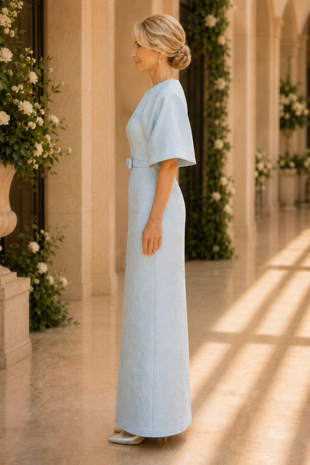 Jacquard Column Gown with Capelet and Bow Detail