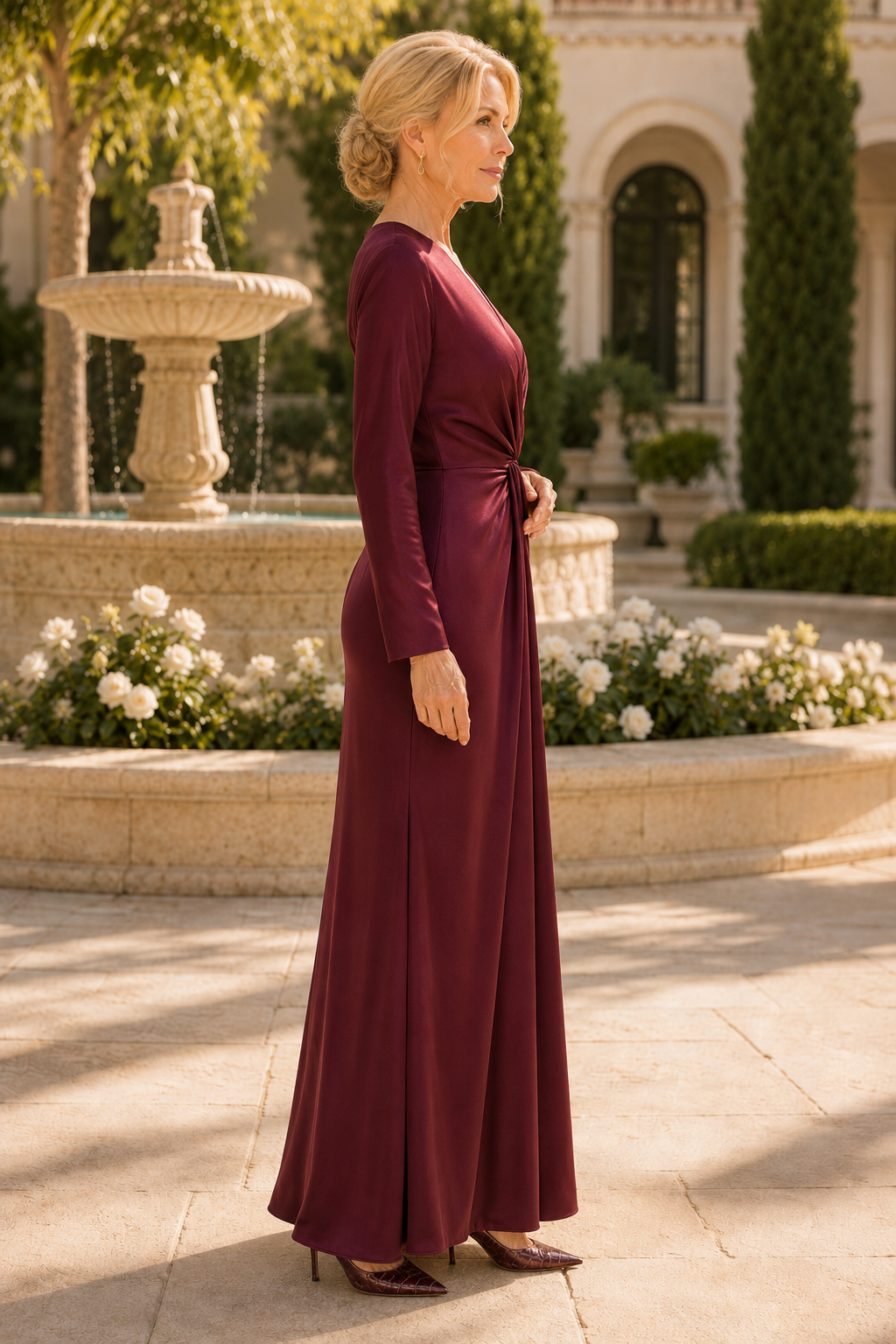 Long Sleeve V-Neck Twist Front Satin Gown