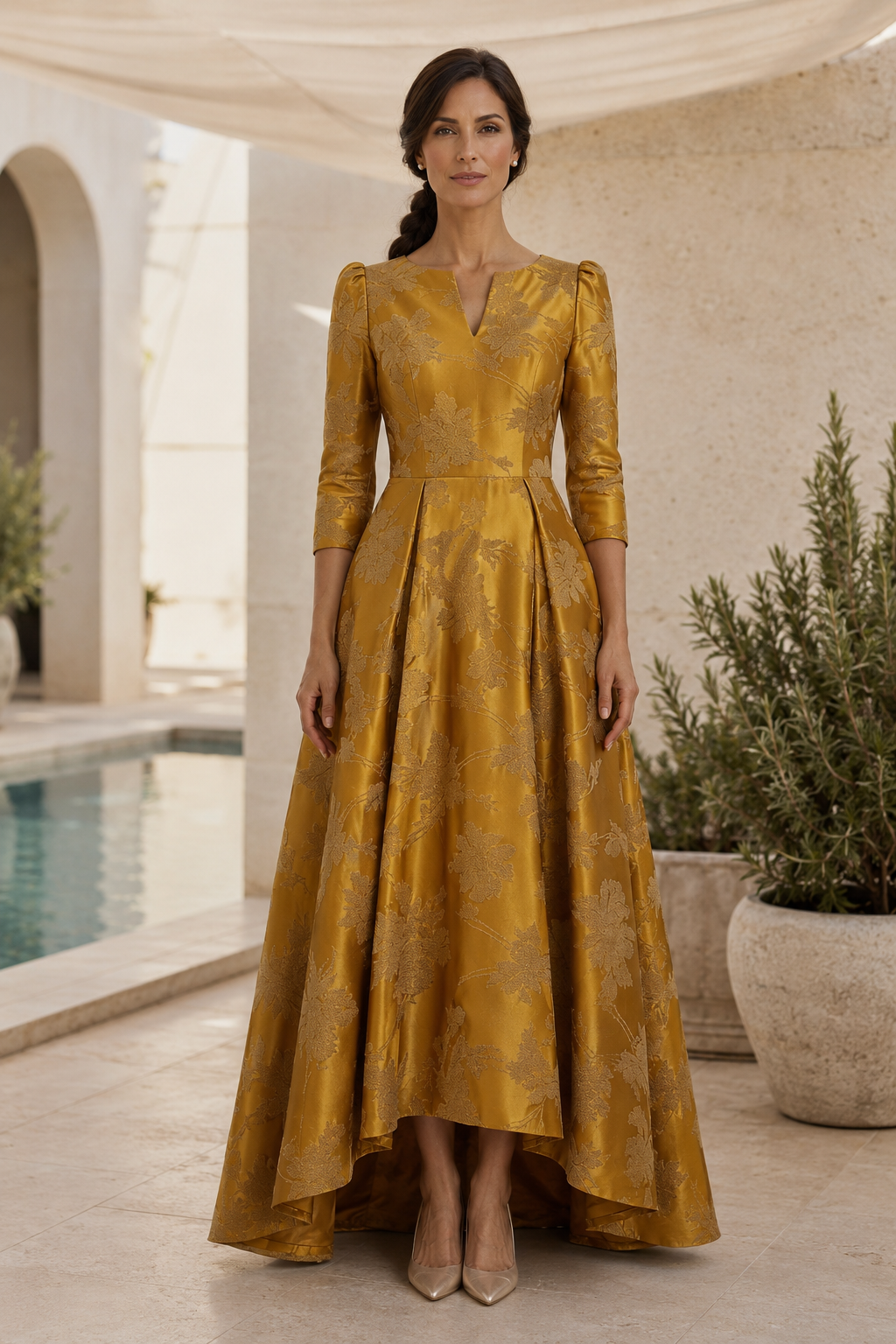 Jacquard High-Low A-Line Gown with 3/4 Sleeves
