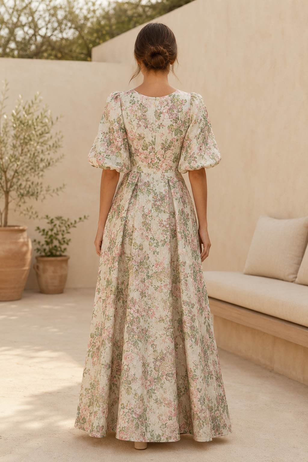 Floral Jacquard A-Line Maxi Dress with Elbow Sleeves