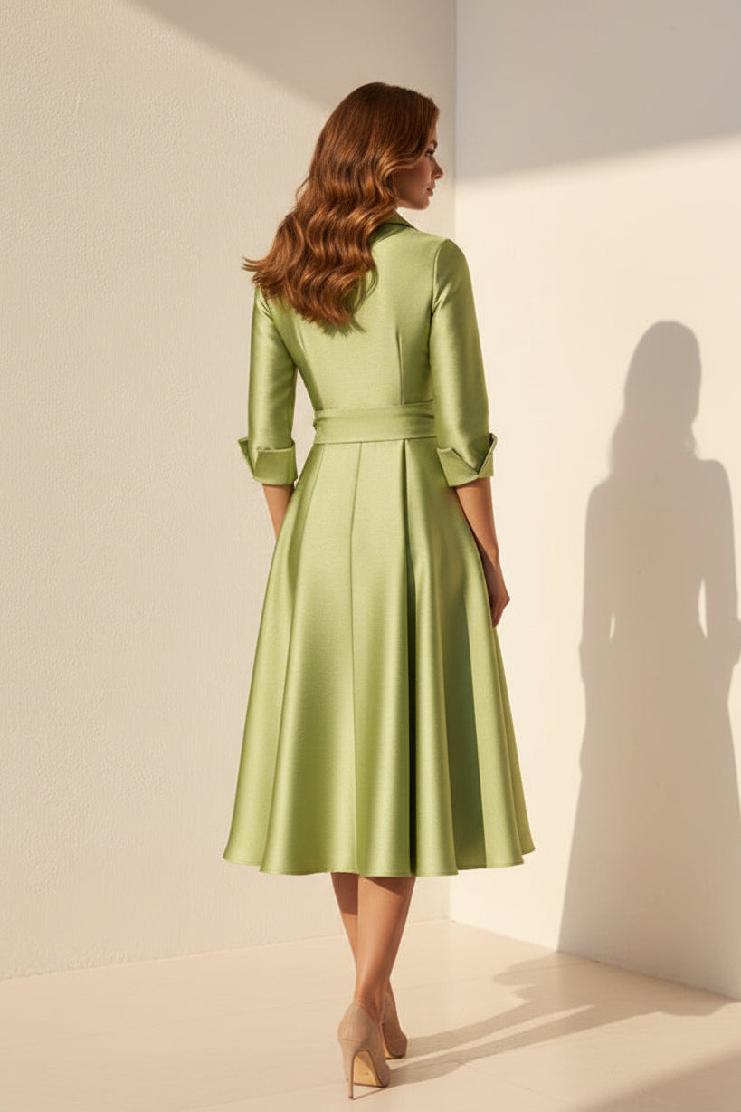 Satin Midi Shirt Dress with Bow Belt & Full Skirt