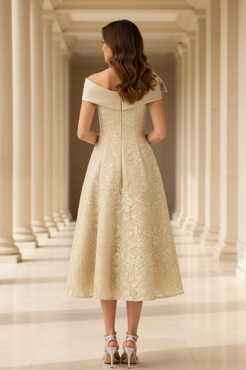Off-the-Shoulder Lace Tea-Length A-Line Dress