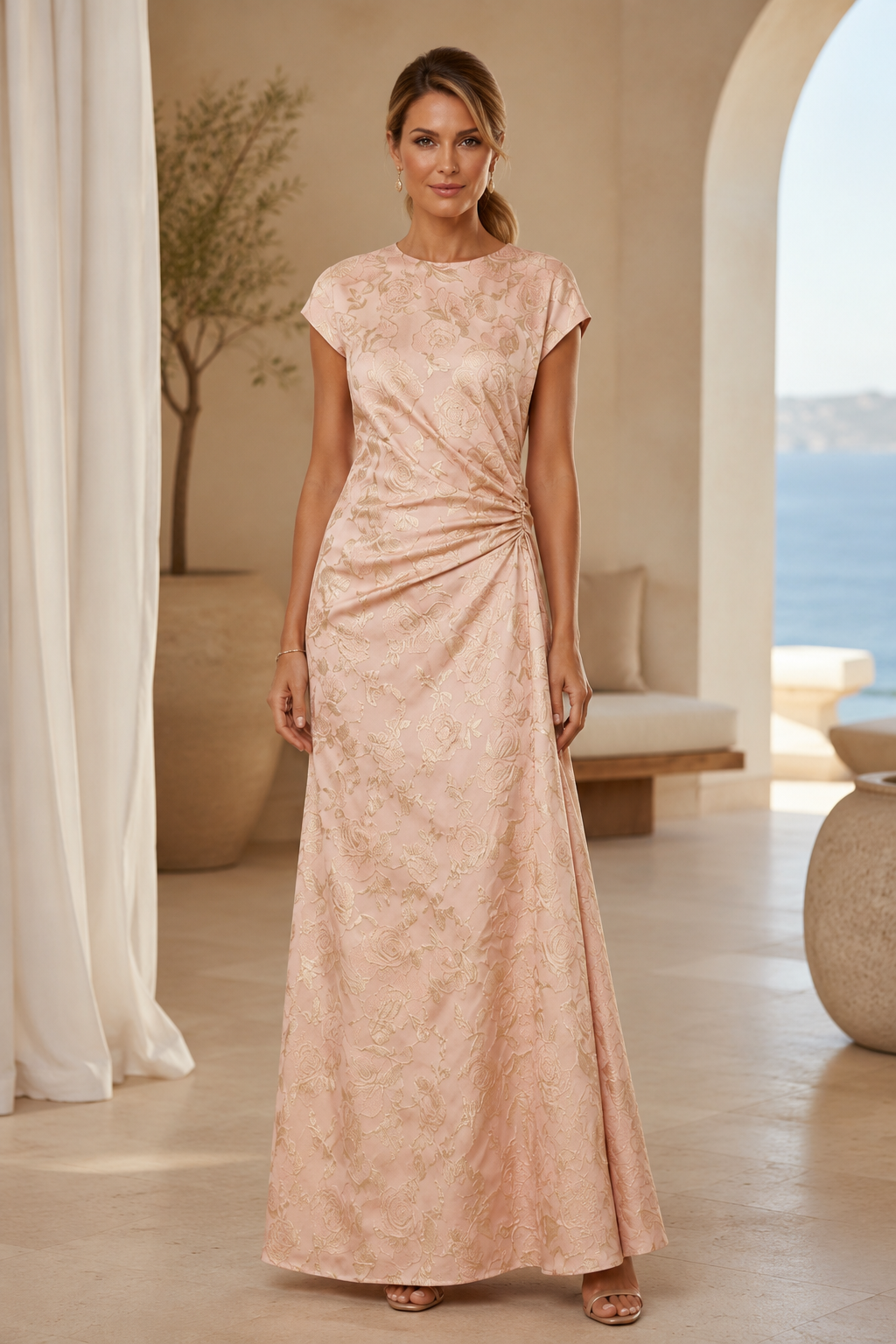 Jacquard Side-Gathered A-Line Evening Gown