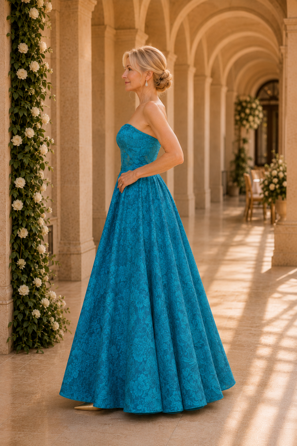 Strapless Jacquard Floral Ball Gown