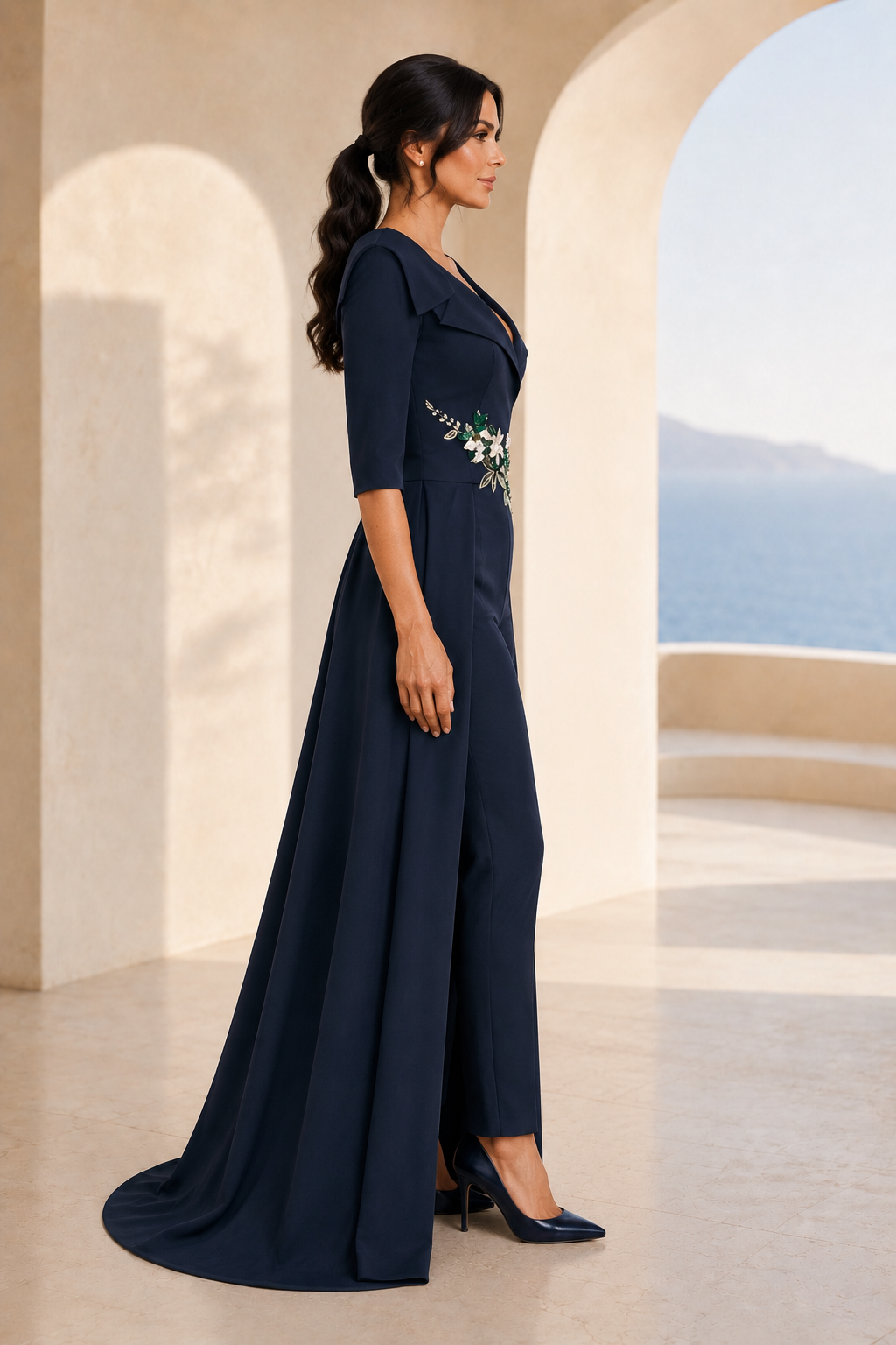 Jumpsuit with Detachable Overskirt & Floral Embroidery