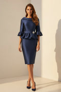 Peplum Pencil Dress with Bell Sleeves & Brooch