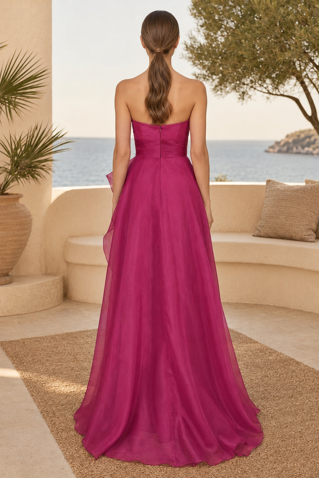 Strapless Ruched Bodice A-Line Gown with Cascading Ruffle
