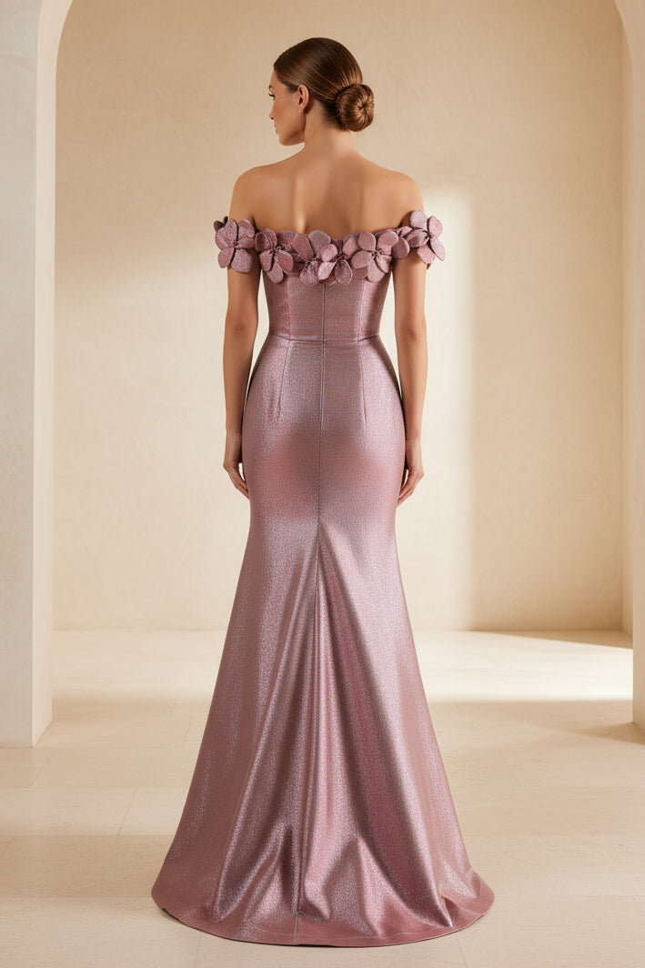 3D Floral Off-the-Shoulder Metallic Mermaid Gown