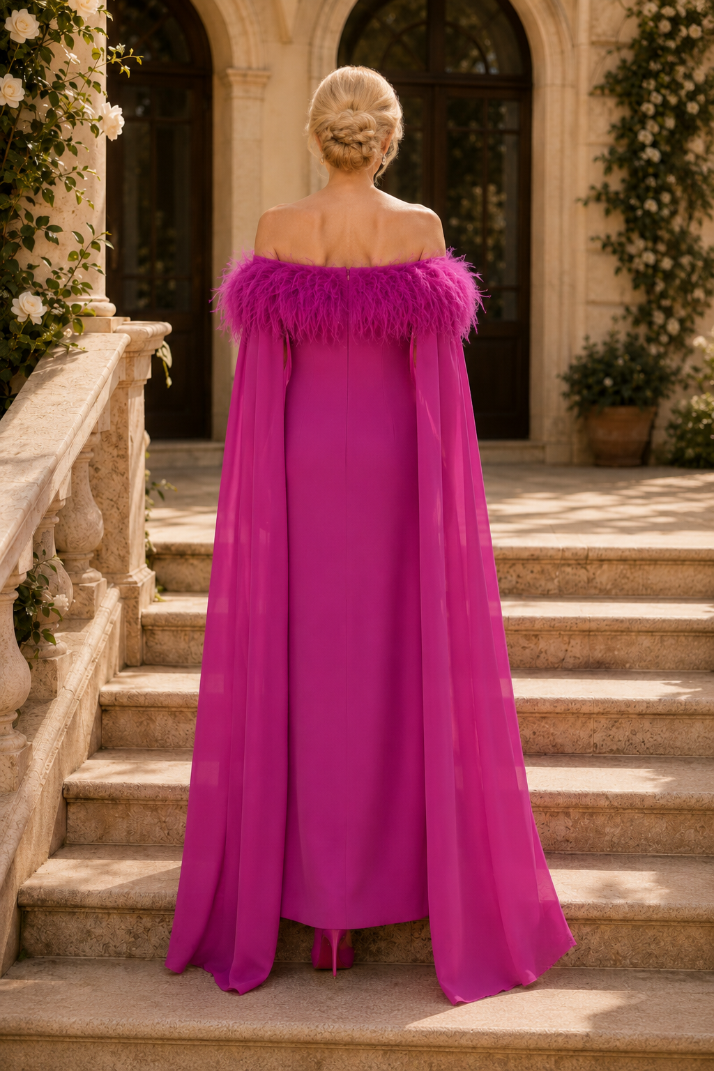 Feather Off-the-Shoulder Column Gown with Cape