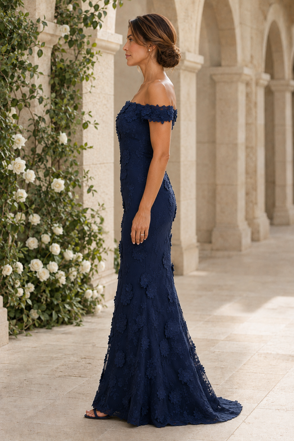 Off-the-Shoulder 3D Floral Lace Mermaid Gown