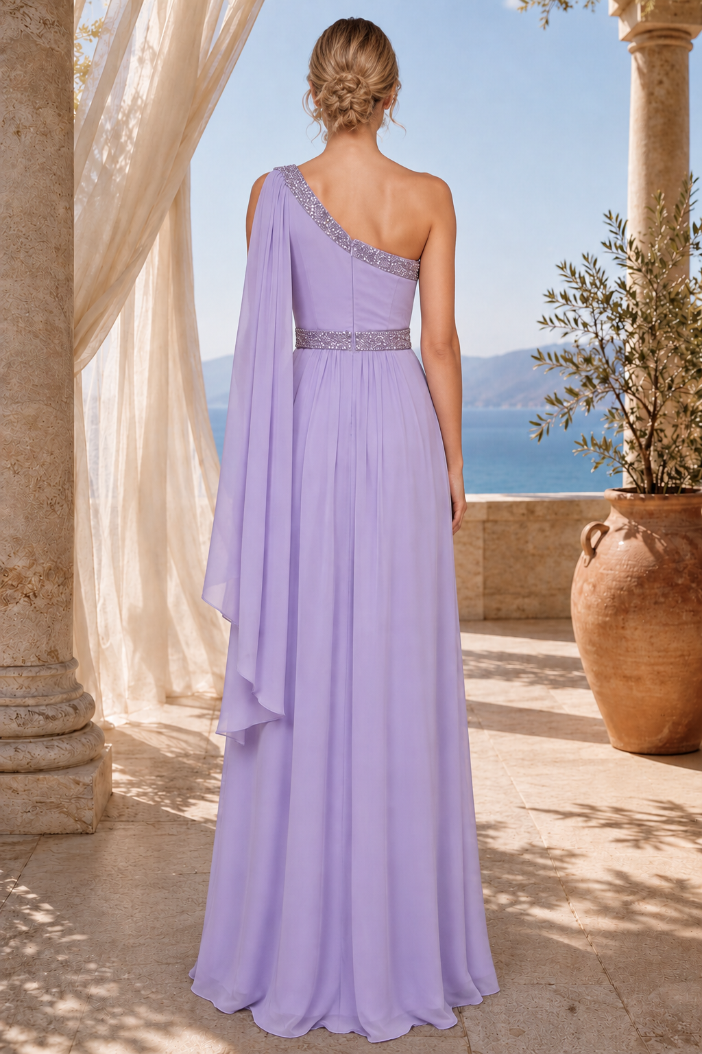 One-Shoulder Pleated Chiffon Gown with Shoulder Drape