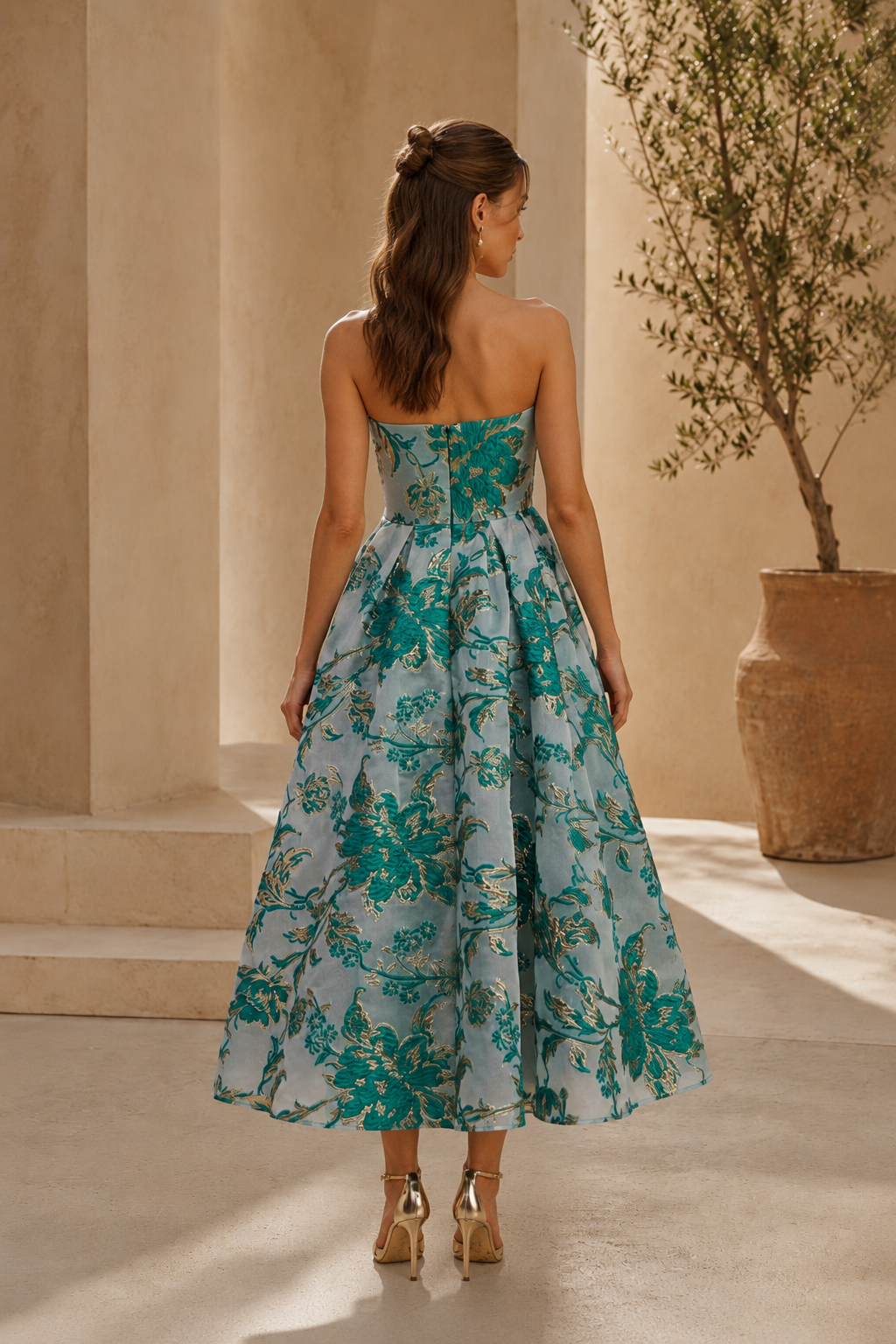 Strapless Floral Jacquard Tea-Length A-Line Dress
