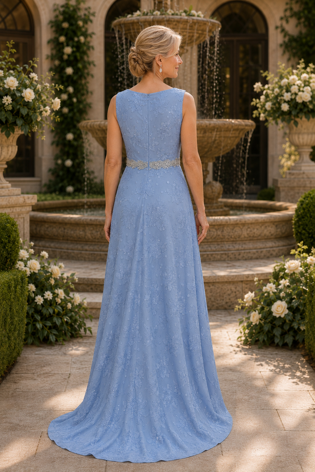 High-Low Floral Lace A-Line Dress with Beaded Waist