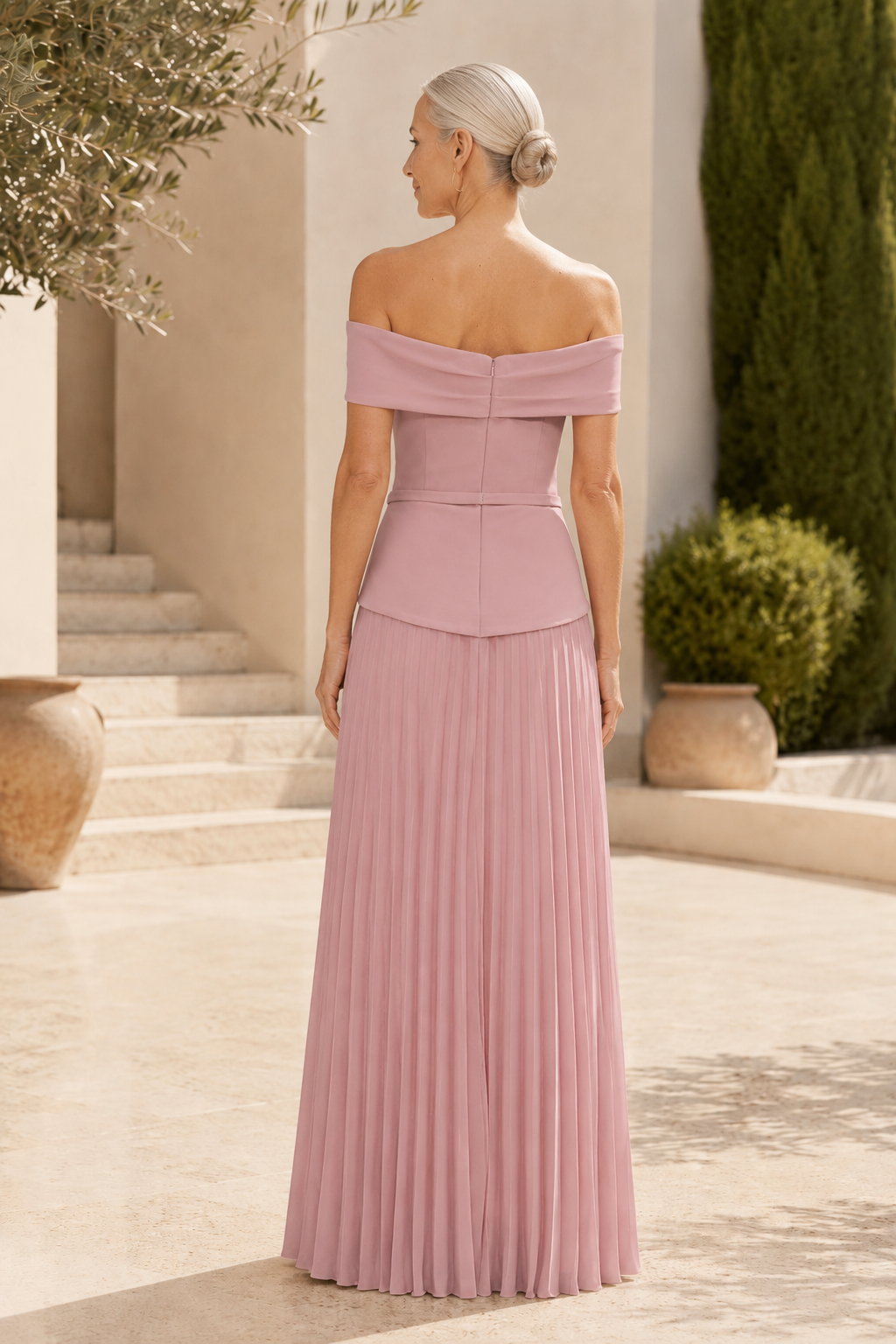 Off-the-Shoulder Pleated Chiffon Evening Gown