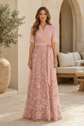 Elegant Wrap-Bodice A-Line Lace Formal Dress