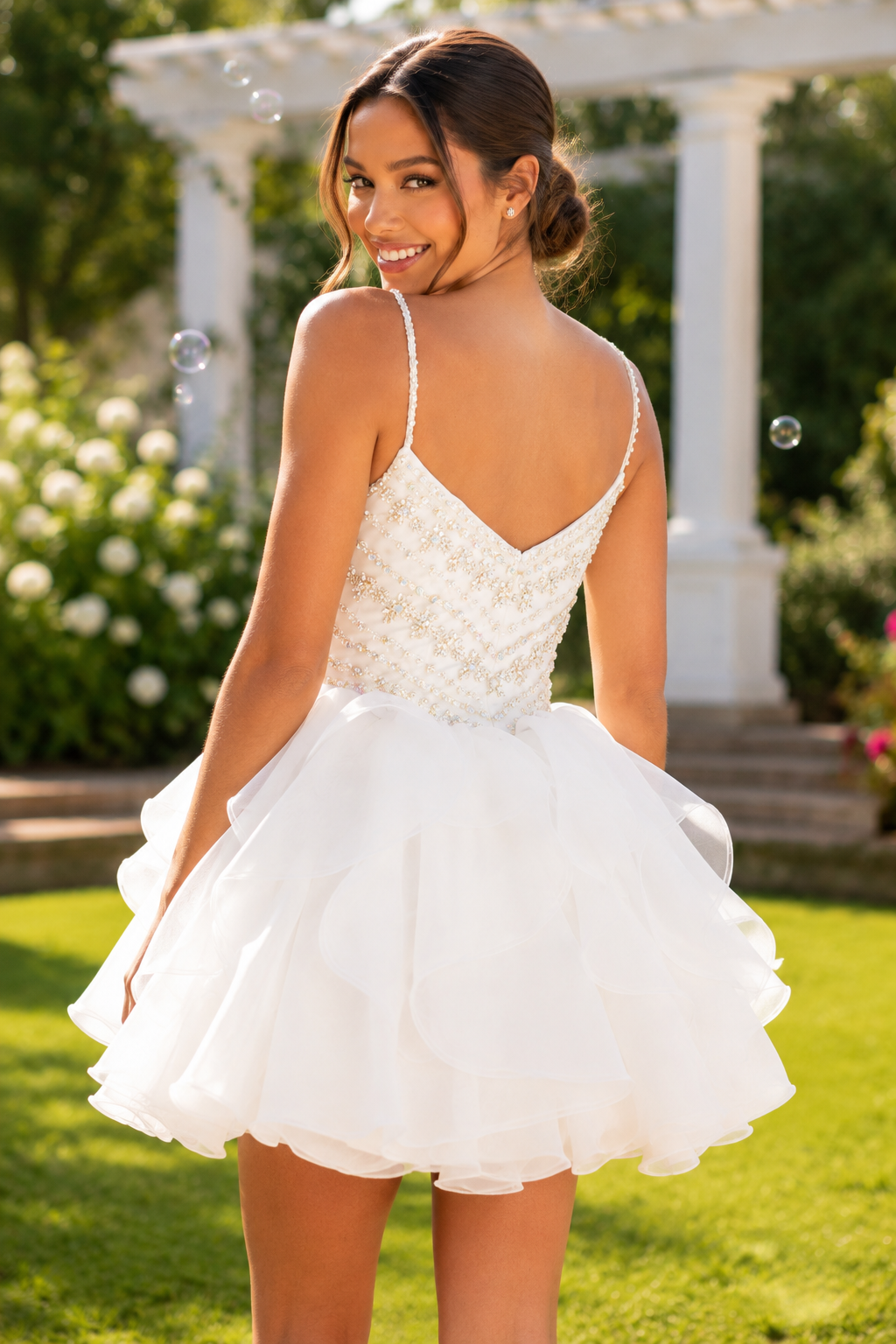 Beaded Bodice Ruffled Organza Mini Dress
