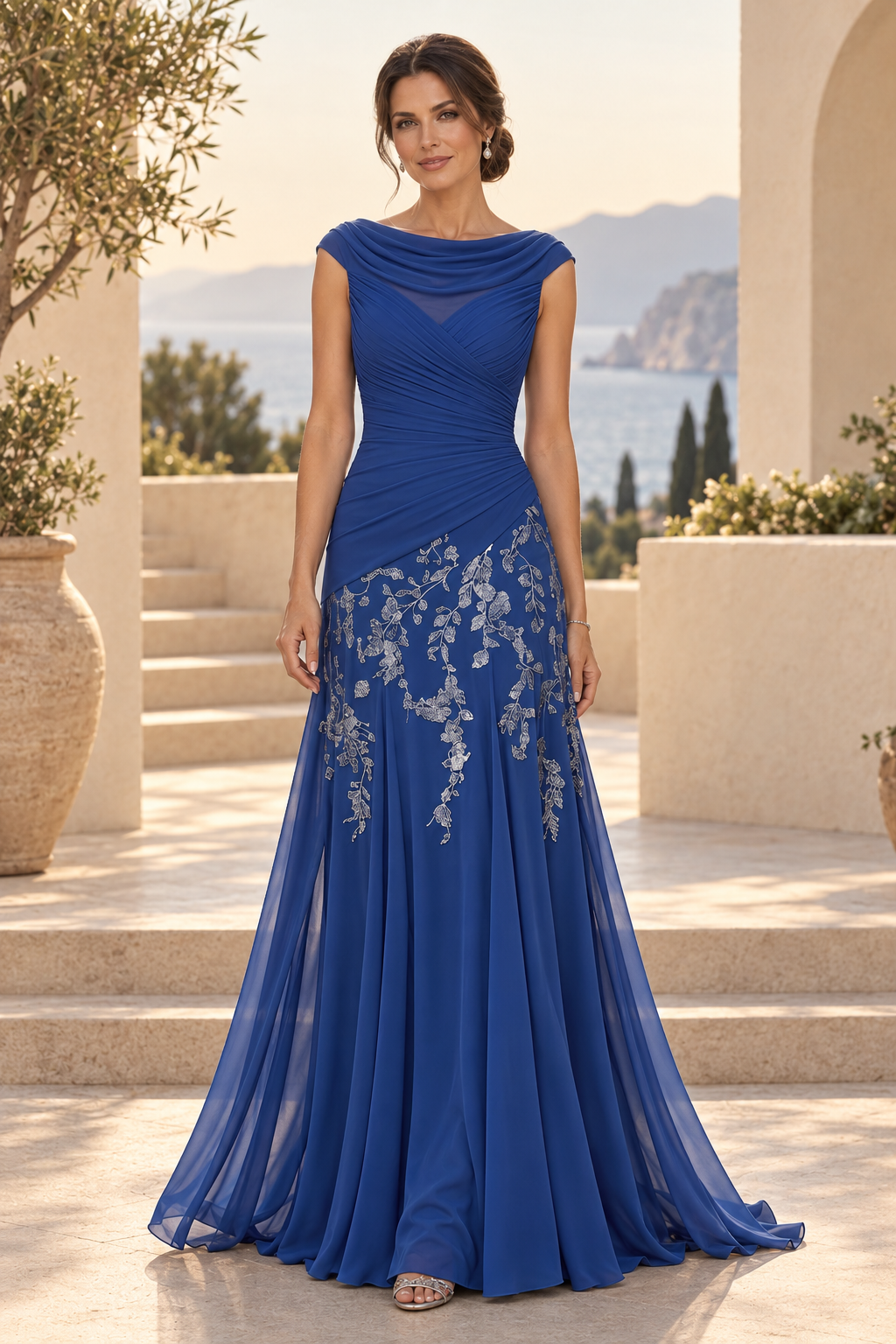 Ruched Cowl Bodice Gown with Embroidered Skirt