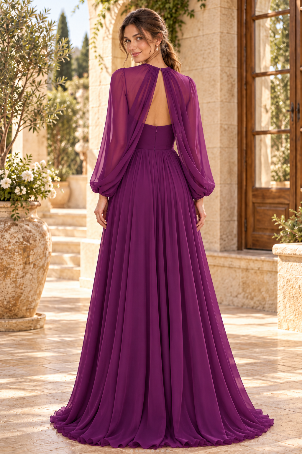 Pleated V-Neck Chiffon Gown with Cape Sleeves