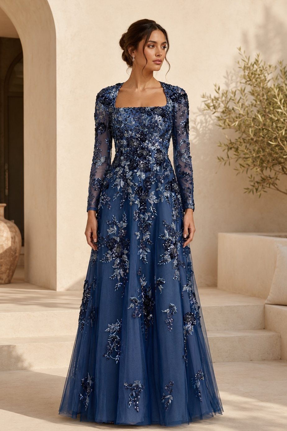Floral Embroidered Long Sleeve A-Line Evening Gown