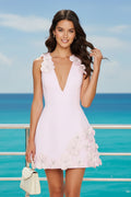 Plunging V-Neck 3D Floral Applique Mini Dress