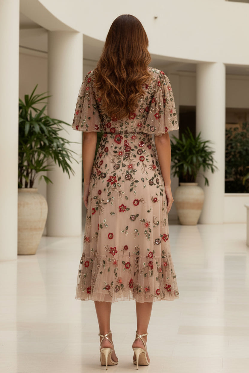 Embroidered Tulle Midi Dress with Flutter Sleeves