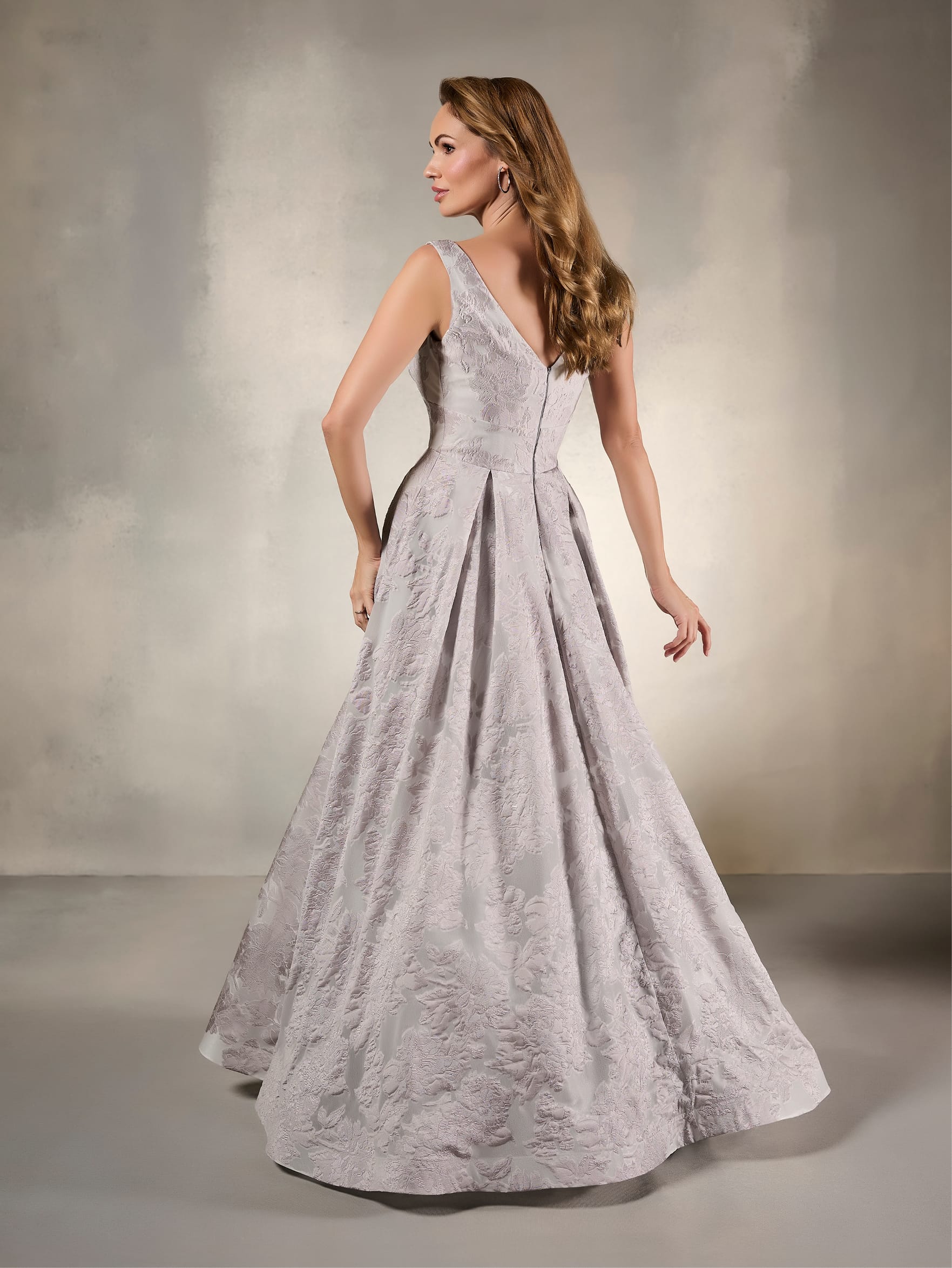 V-Neck Pleated Jacquard A-Line Evening Gown