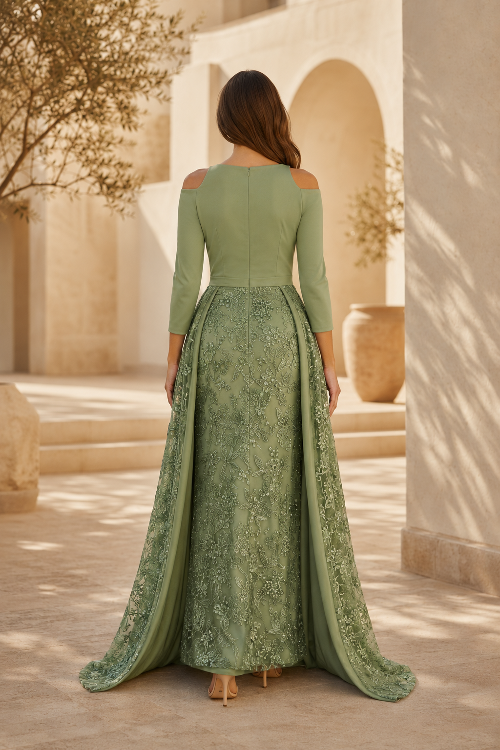 Cold-Shoulder Lace Evening Gown with Overskirt