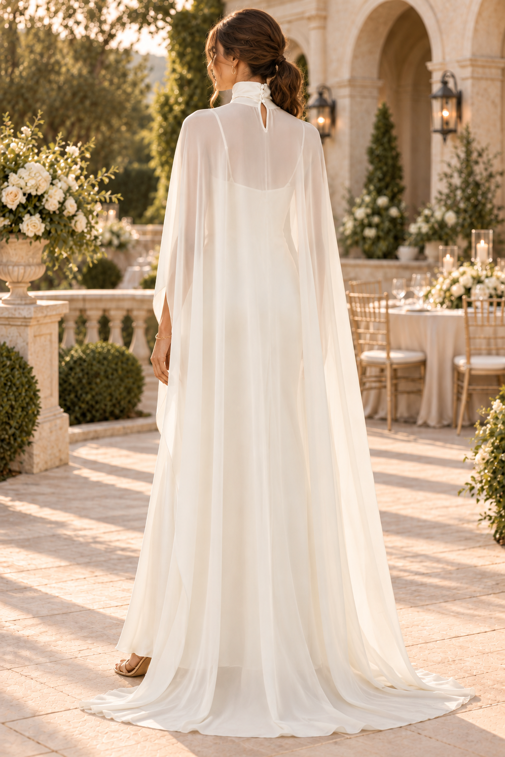 Satin Slip Gown with High-Neck Chiffon Cape