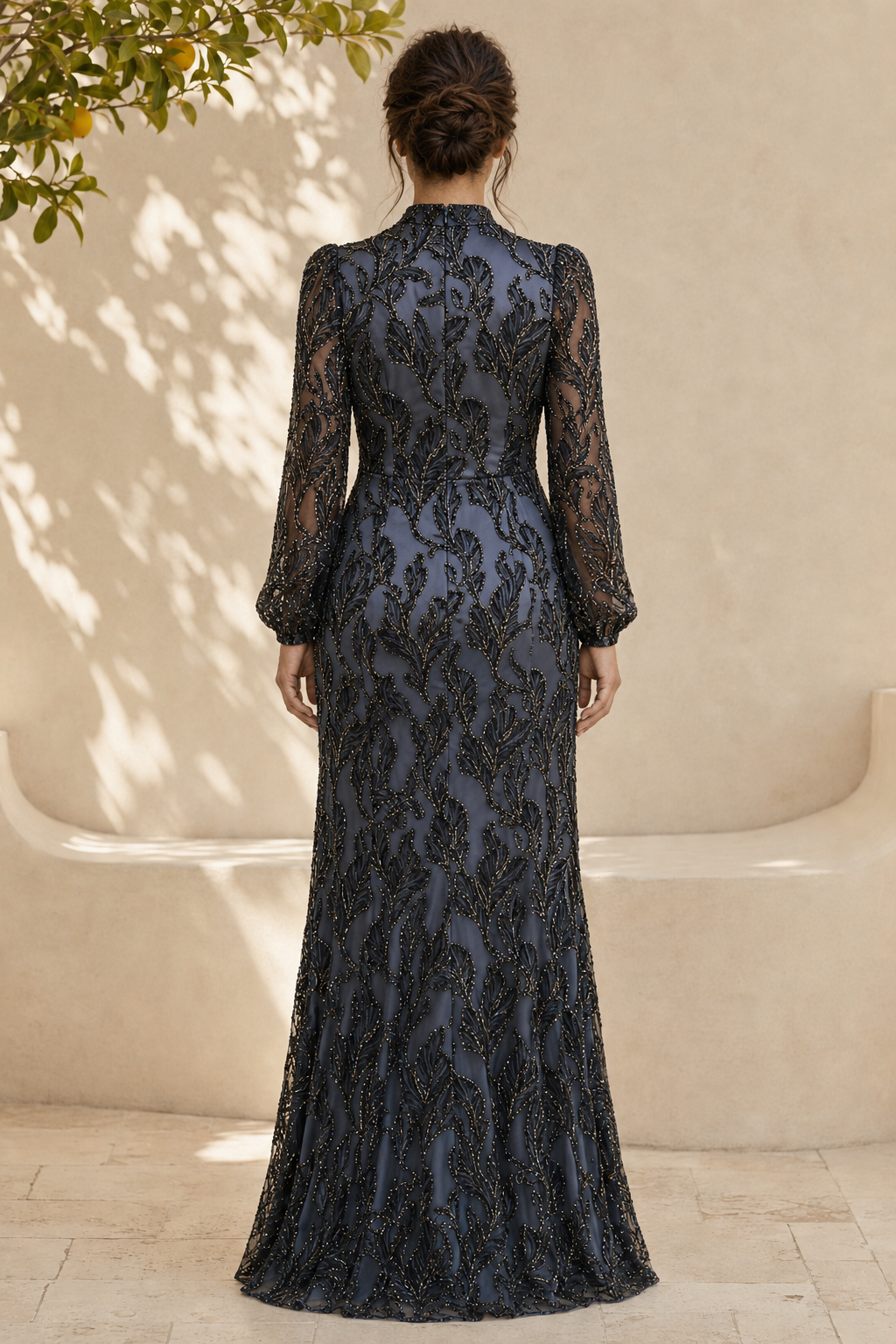 Beaded High-Neck Long Sleeve Evening Gown