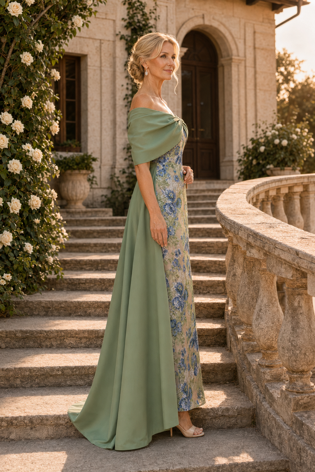 Floral Column Gown with Draped Cape Collar