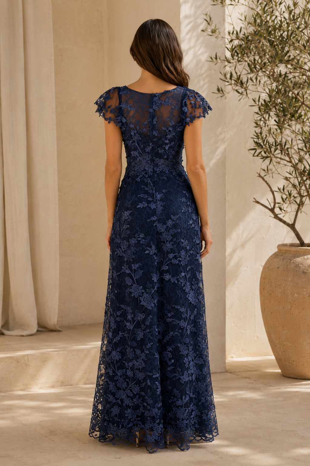 Floral Lace Flutter Sleeve V-Neck Evening Gown