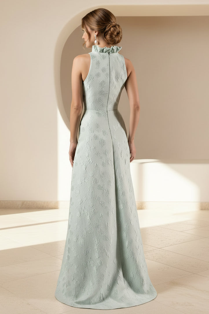 Sleeveless Jacquard A-Line Gown with Ruffled Neckline