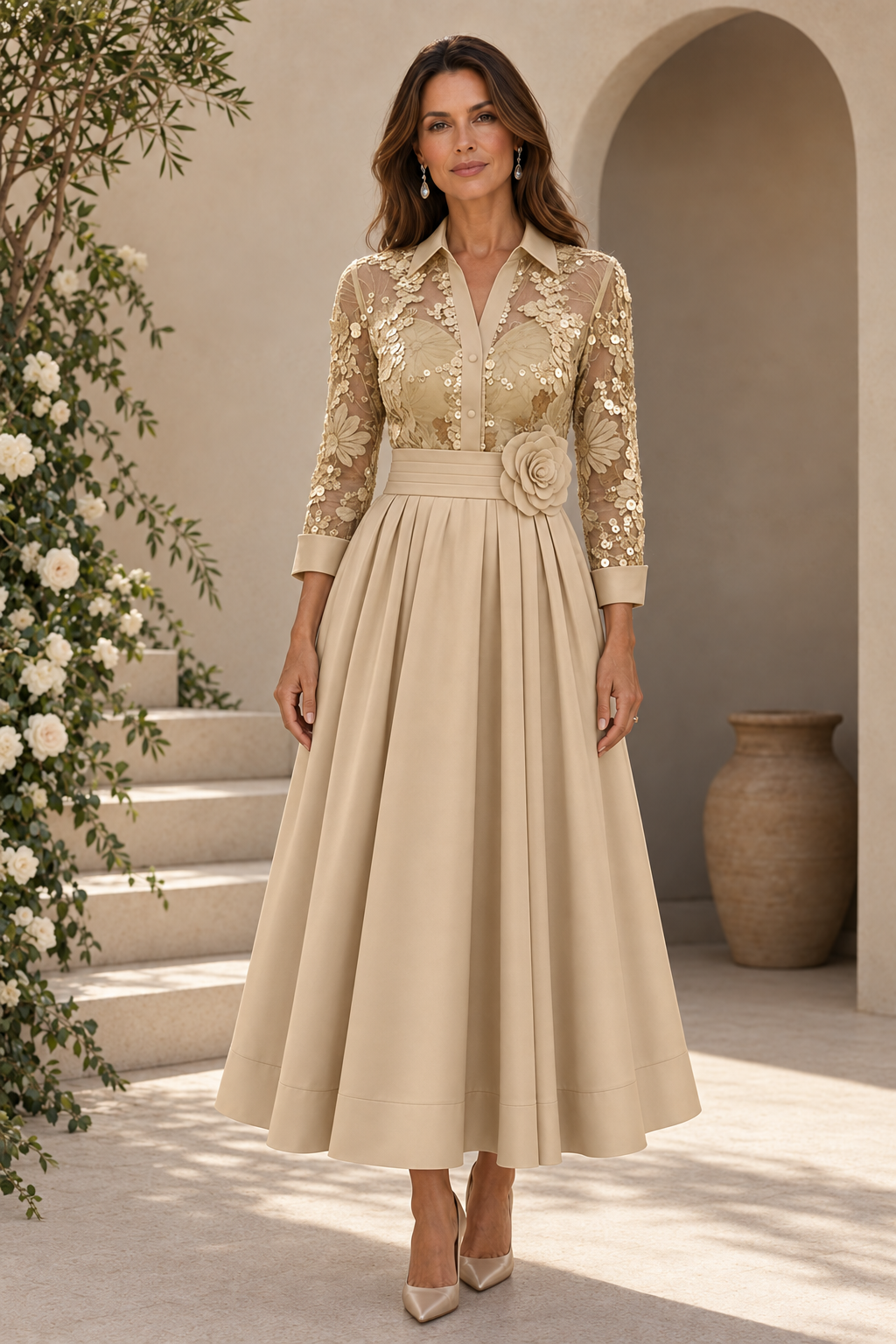 Collared Lace Bodice Pleated Tea-Length Dress