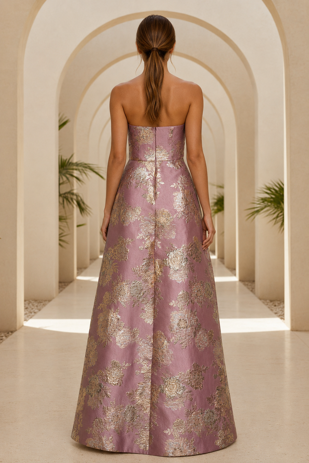 Strapless Floral Jacquard A-Line Evening Gown