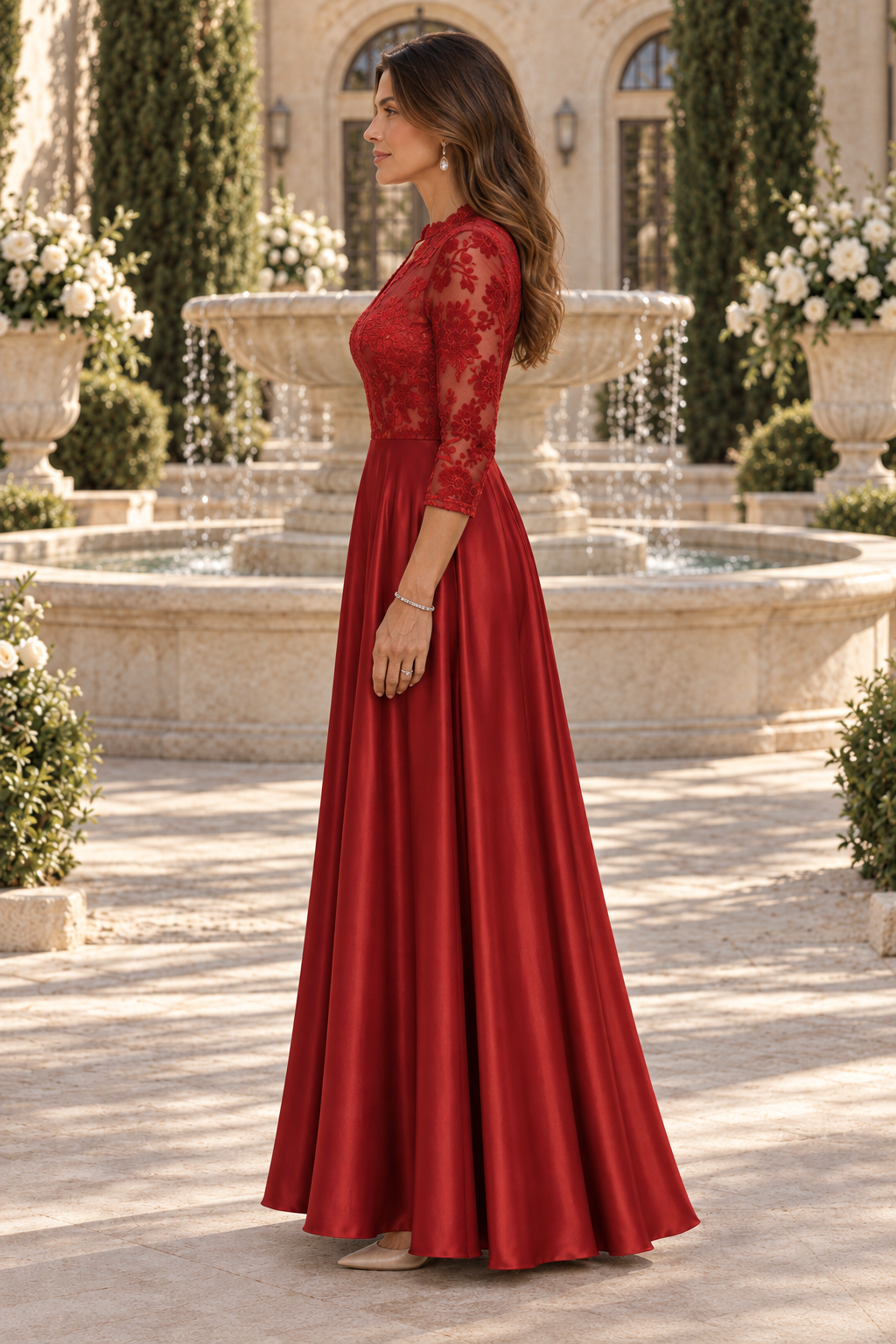 Illusion Lace 3/4 Sleeve Satin A-Line Formal Gown