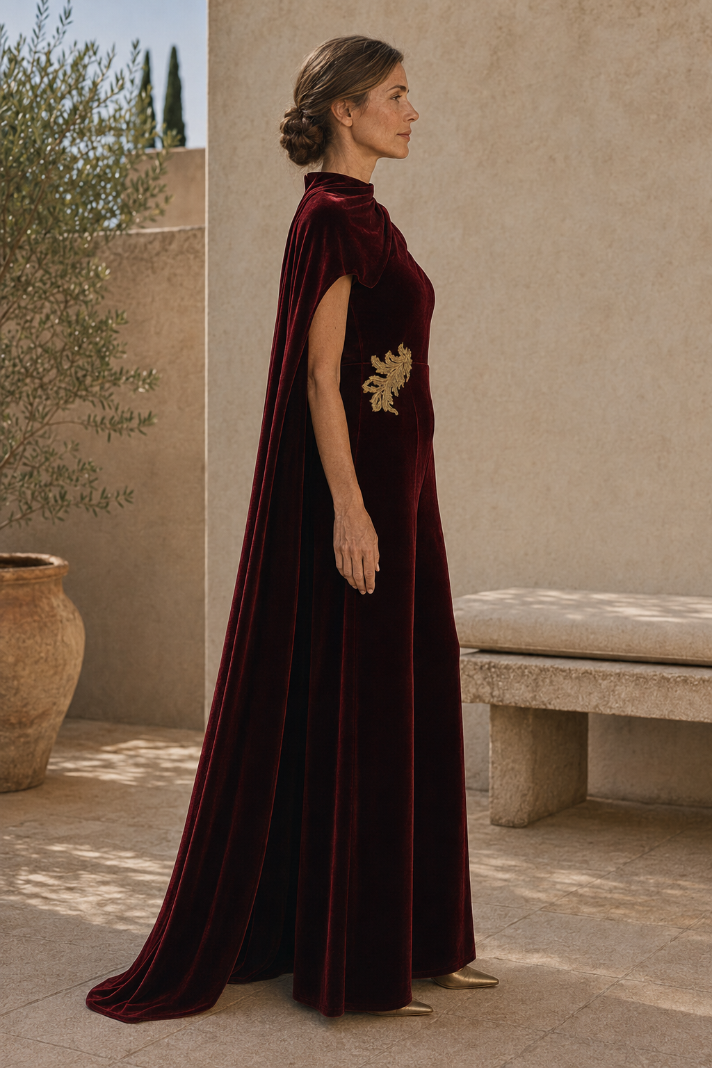 Velvet Wide-Leg Jumpsuit with One-Shoulder Cape
