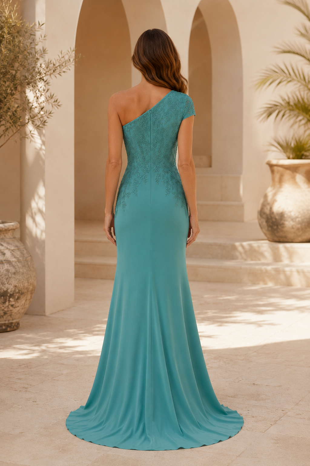 One-Shoulder Lace Applique Trumpet Gown
