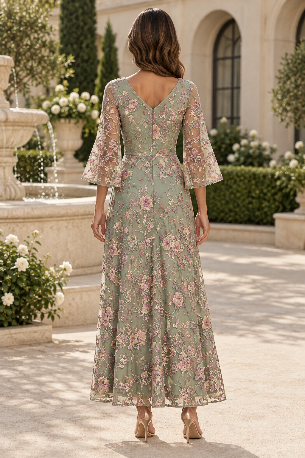 Embroidered Floral A-Line Dress with Bell Sleeves