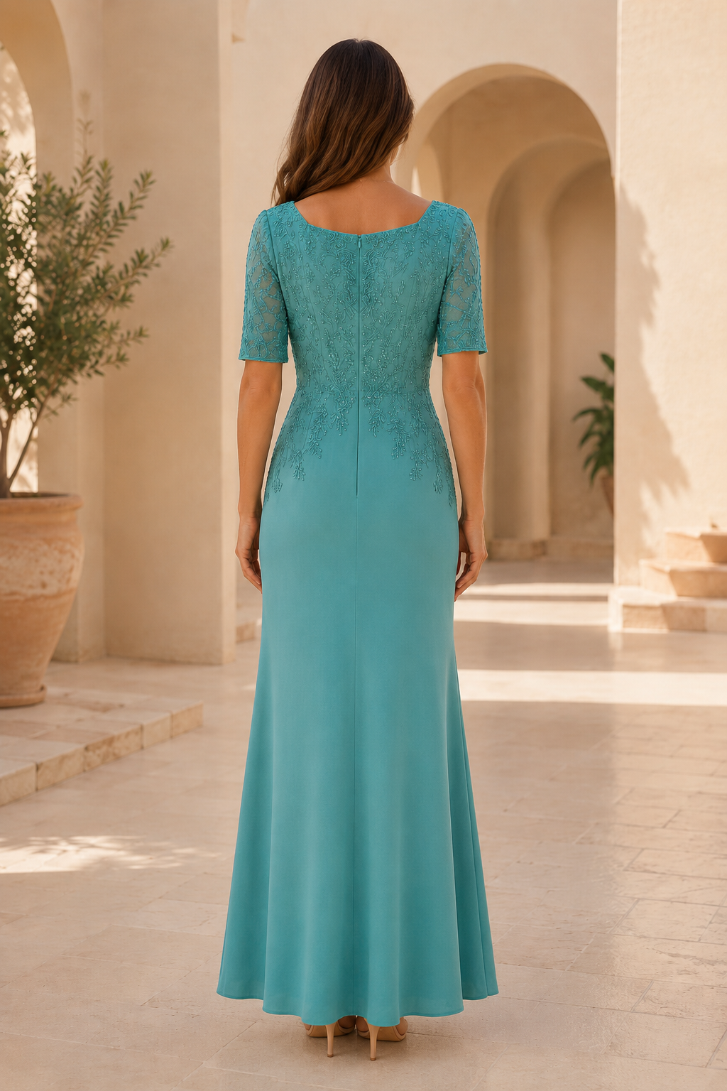 Square Neck Lace Applique Evening Dress