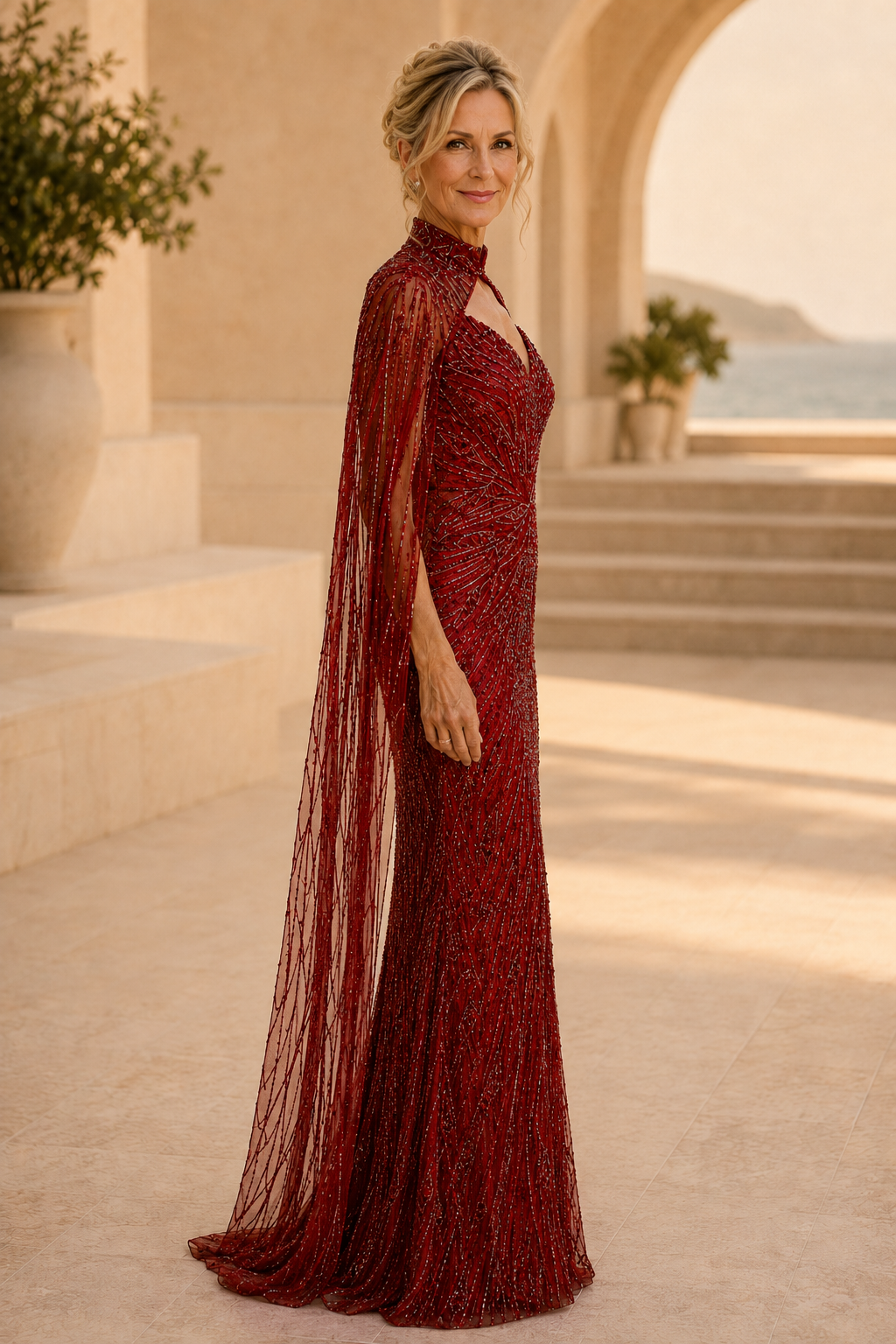 Perlenbesetztes hochgeschlossenes Kleid mit Cape-Ärmeln