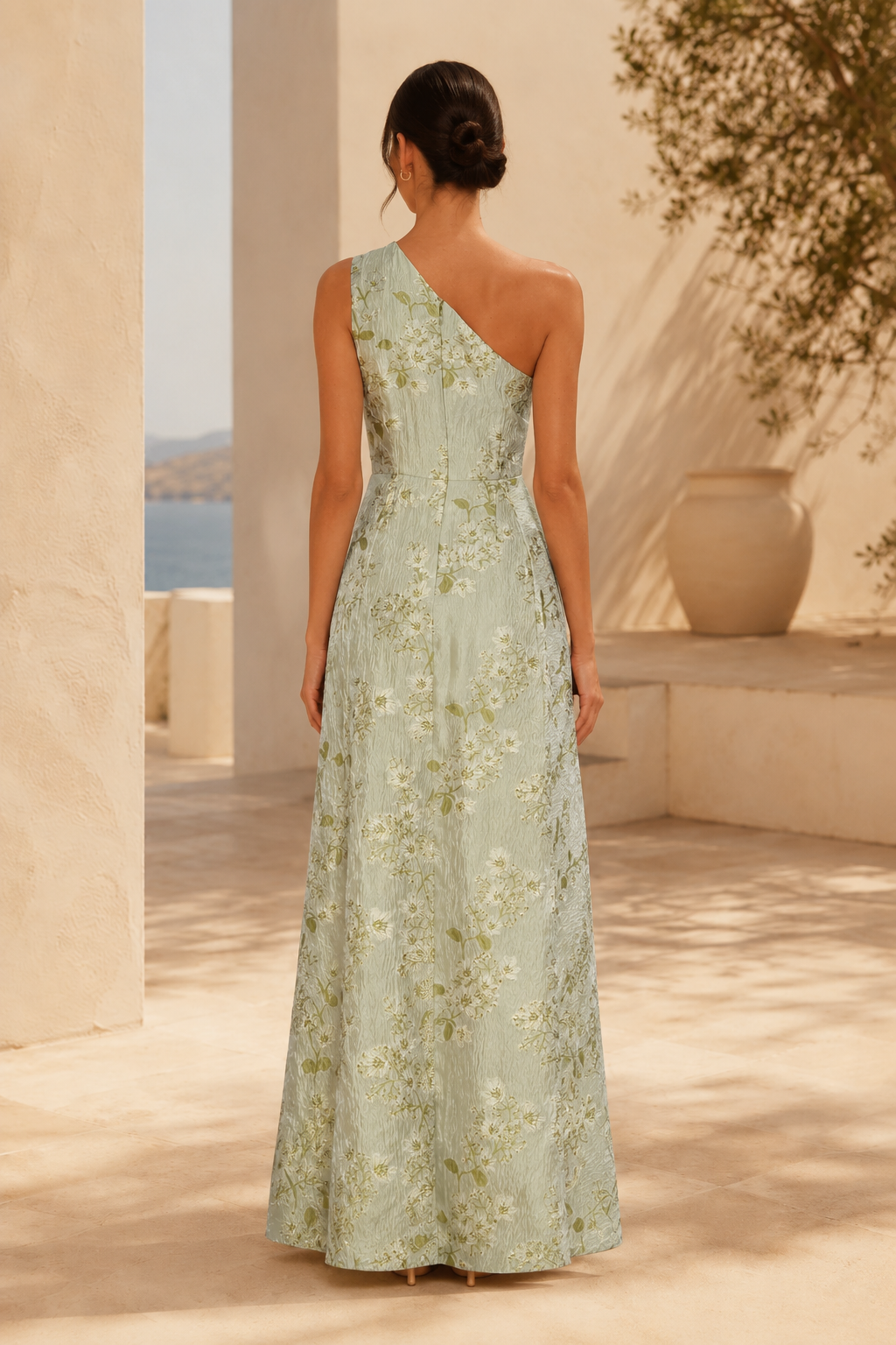One Shoulder Floral Jacquard A-Line Evening Gown