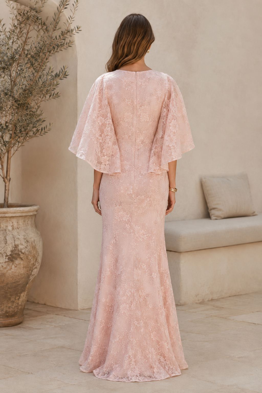 Floral Lace Gown with Flutter Cape Sleeves