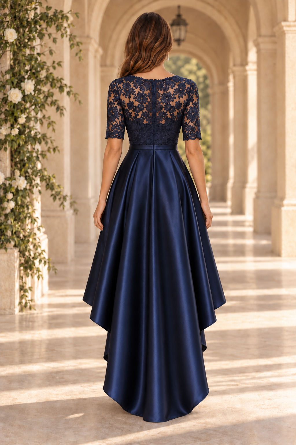 Lace Bodice High-Low Satin A-Line Dress