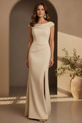 Cowl Neck Crepe Evening Gown with High Slit