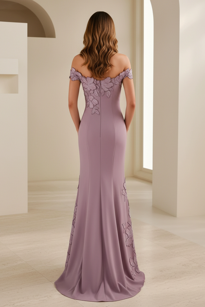 Off-the-Shoulder 3D Floral Applique Trumpet Gown