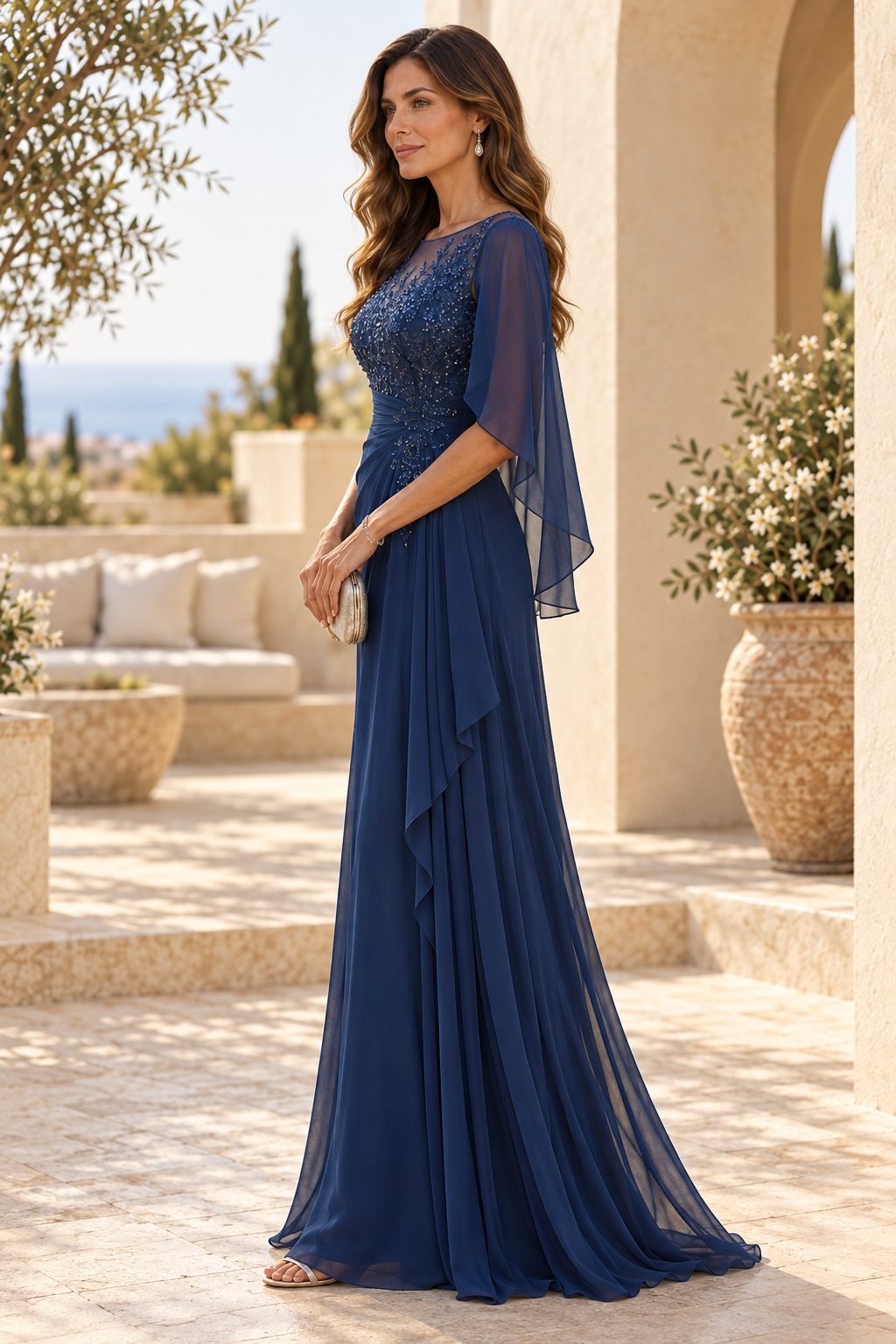 Chiffon A-Line Gown with Cape Sleeves & Beads