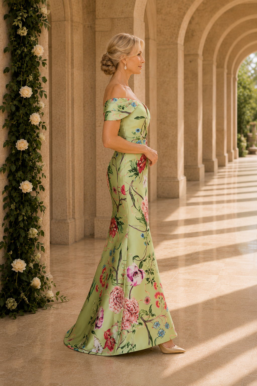 Floral Satin Off-the-Shoulder Trumpet Gown